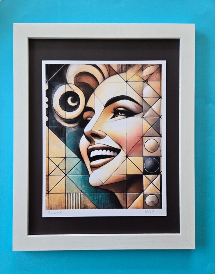 AIDAN FLUX | Hand Signed Original Print Framed MY CUBIST MARILYN MONROE COA: This is a one-of-a-kind Hand Signed Authentic Giclee by AIDAN FLUX. From his Series "American Icons" The print is 10x8in., measuring framed 16 inches in height and 12 inches in width, it comes framed