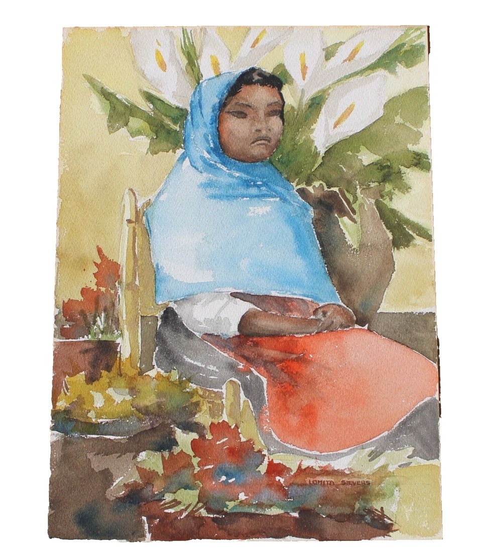 LOMITA SIEVERS Napa Valley MCM Artist Latino Girl with Calla Lilies watercolor - 2