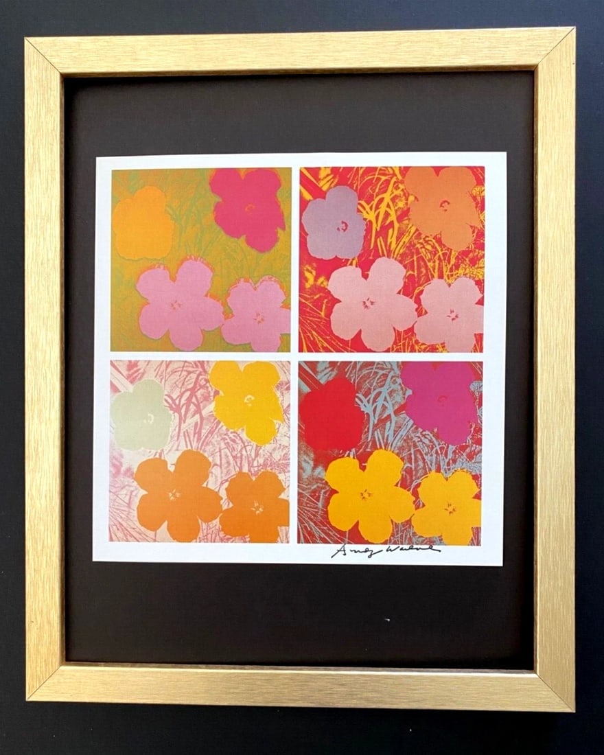 Andy Warhol Flowers Vintage Signed 1984 Print Framed Pop Art Artwork: Up for Auction this Beautiful and Scarce Vintage 1984 Offset Lithograph after Andy Warhol " Flowers " Facsimile Signature in ink Art Print is about 4 X 6 in. This piece is mounted on a 10 x 8 in.