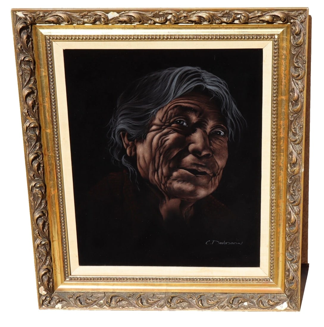 C. Davidson Portrait of a Native American Indian oil on velvet painting: Title:C. Davidson Portrait of a Native American Indian oil on velvet painting Description:C. Davidson. Portrait of a Native American Indian, 24" x 20" oil on velvet canvas (framed size: 32" x 28")