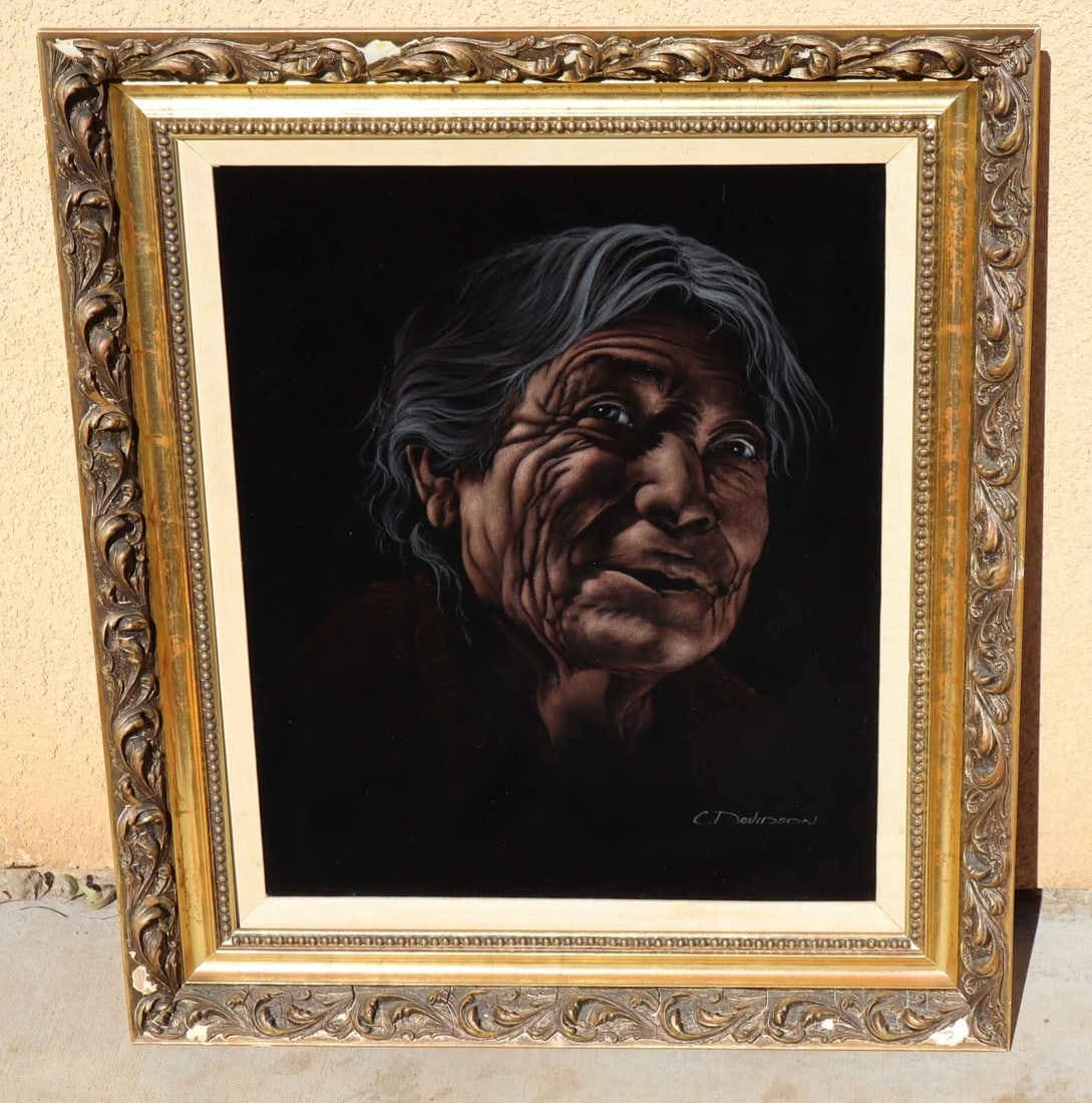C. Davidson Portrait of a Native American Indian oil on velvet painting - 3