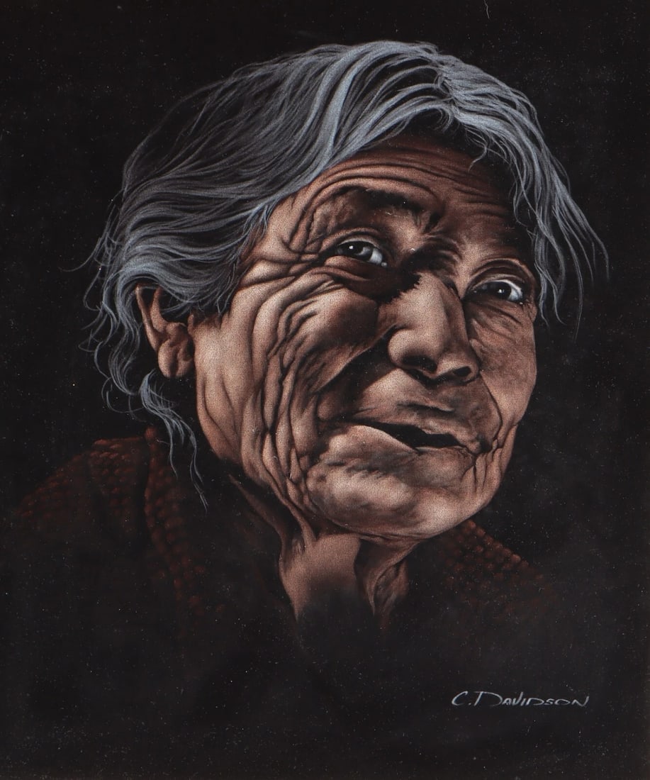 C. Davidson Portrait of a Native American Indian oil on velvet painting - 4