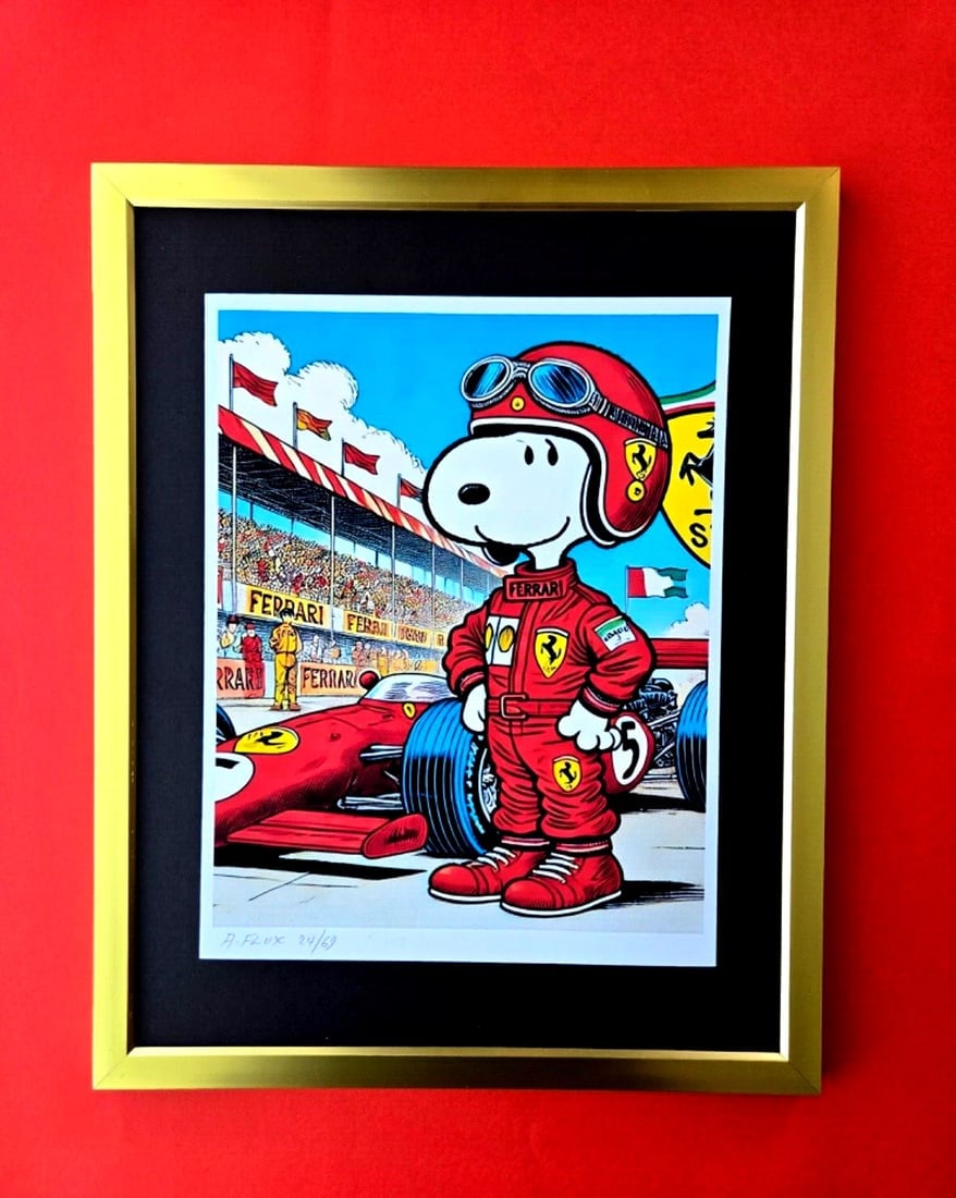 AIDAN FLUX | Hand Signed Print Framed Edition (69) COA SNOOPY FERRARI PILOT: This is a Stunning and Scarce 100% Authentic New Print by Aidan Flux AIDAN Flux represents a new wave of artists who embrace technology as a partner in creation, crafting works that resonate with the 