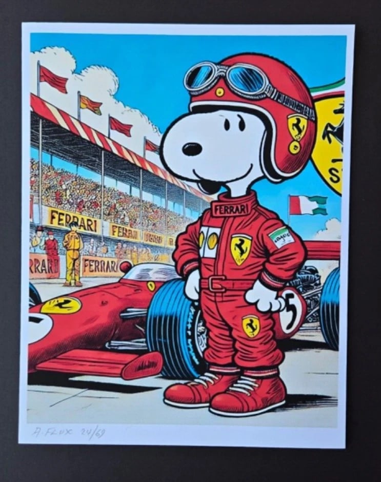 AIDAN FLUX | Hand Signed Print Framed Edition (69) COA SNOOPY FERRARI PILOT - 2