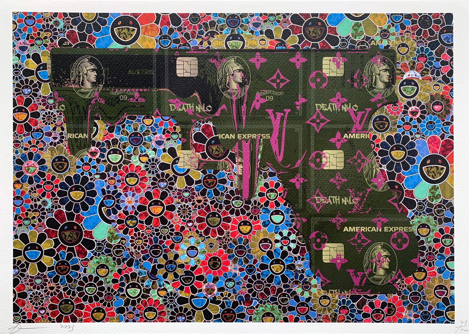 Death NYC Murakami American Express Gun: Title:Death NYC Murakami American Express Gun Date/Period:21st Century Materials:Giclee on Fine art 300 gsm paper Size:17 3/4 x 12 1/2 inches Description:Artist: Death NYC, limited edition giclee on