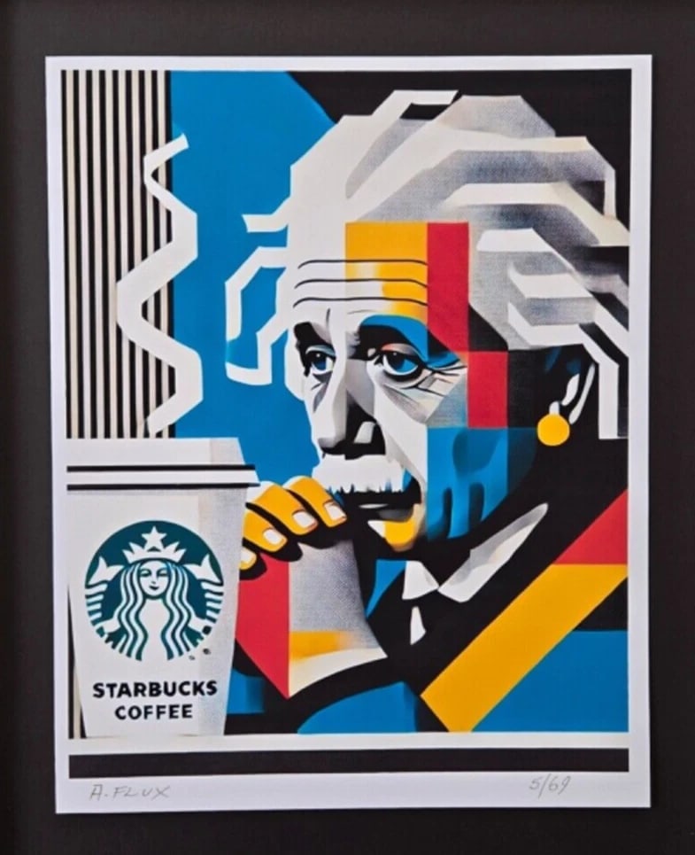 AIDAN FLUX | Hand Signed Original Print Framed EINSTEIN NEEDS A STARBUCKS COA - 3