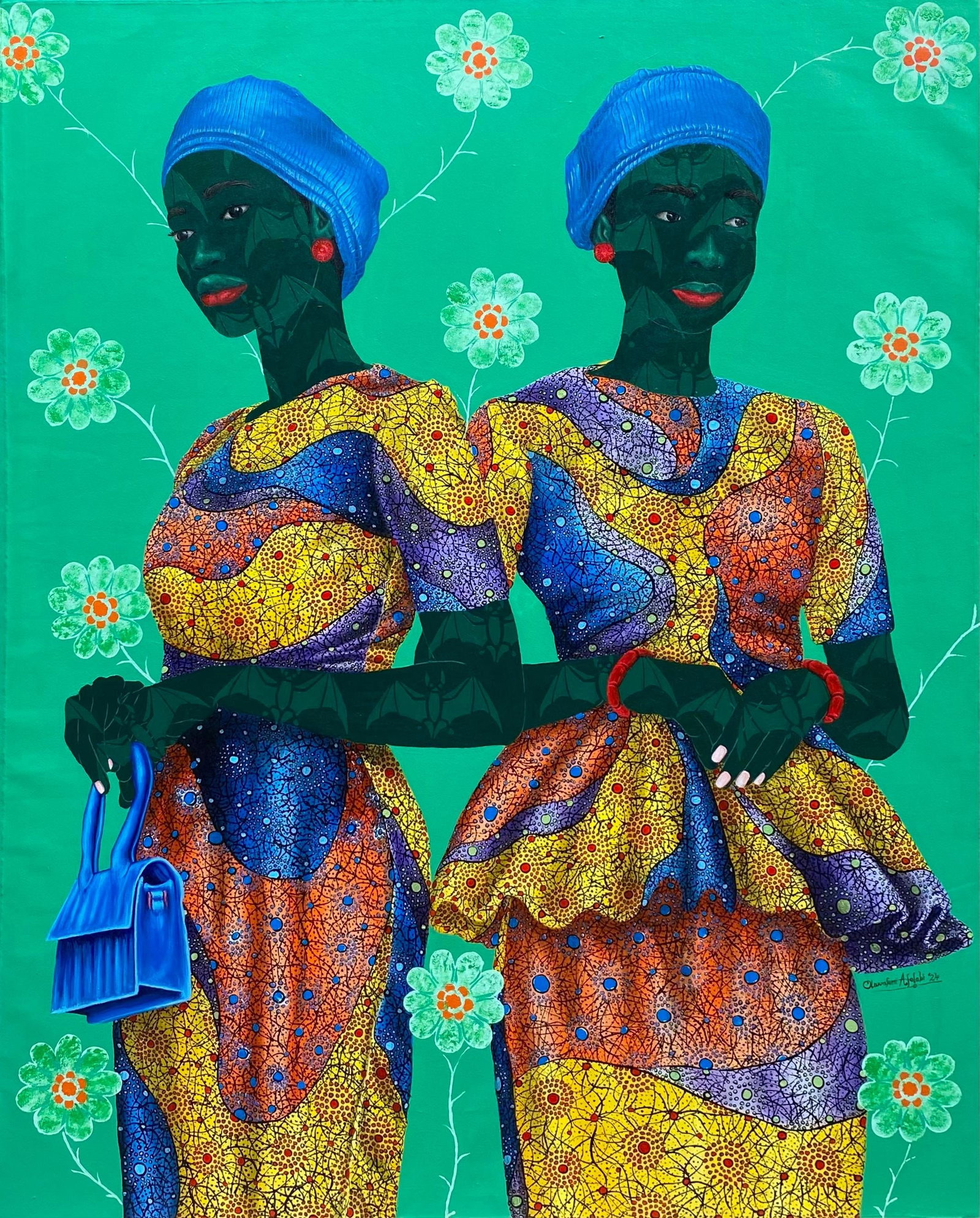 Oluwafemi Afolabi, Sisters in Yellow 3, 2024: Creator: Oluwafemi Afolabi (1992, Nigerian) Creation Year: 2024 Dimensions: Height: 60 in (152.4 cm)Width: 48 in (121.92 cm)Depth: 1 in (2.54 cm) Medium: Canvas,Acrylic Movement & Style: