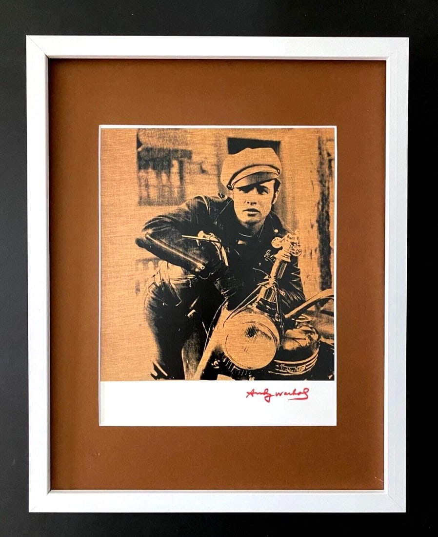 ANDY WARHOL + RARE 1984 MARLON BRANDO PRINT MATTED AND FRAMED: This is a Stunning and Scarce 1984 Print after Andy Warhol FACSIMILE SIGNATURE IN RED INK " MARLON BRANDO " from - His Pop Art Collection- Matted and Framed covering an area of 15x12in. Printed in