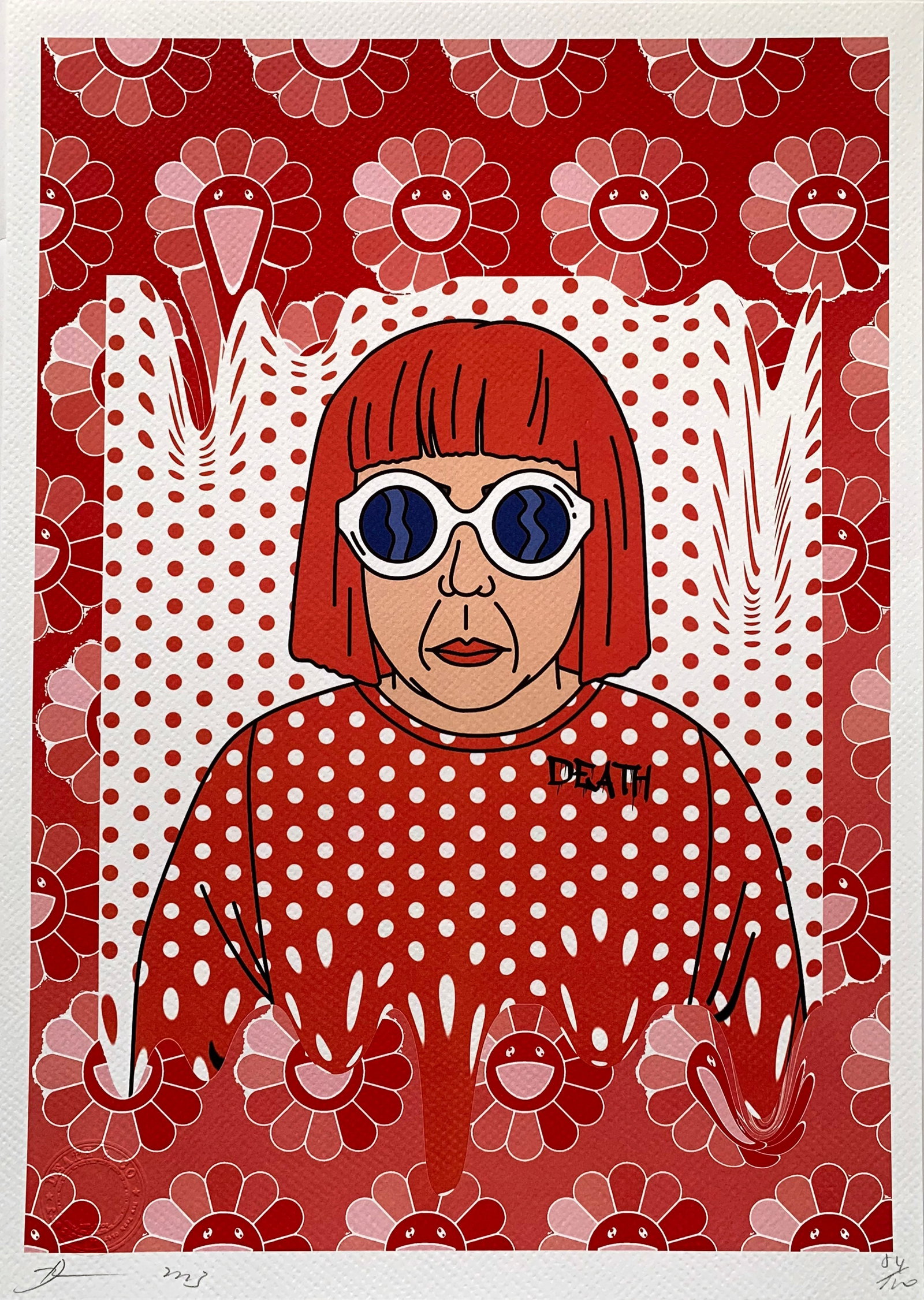 Death NYC Kusama Murakami: Title:Death NYC Kusama Murakami Date/Period:21st Century Materials:Giclee on Fine art 300 gsm paper Size:17 3/4 x 12 1/2 inches Description:Artist: Death NYC, limited edition giclee on paper, out of e