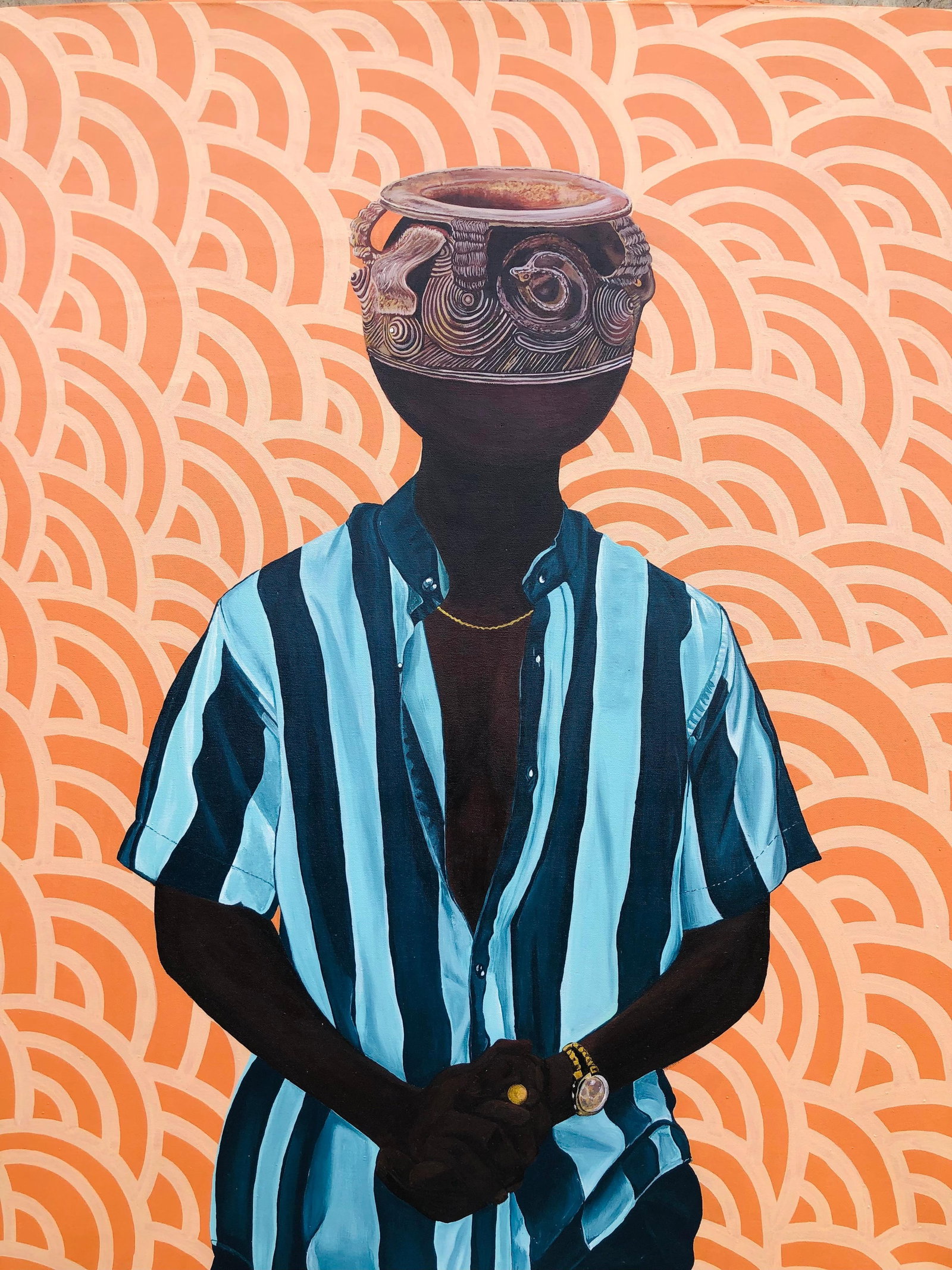 Hezekiah Oyejide Obidare, Identity 4, 2022: Creator: Hezekiah Oyejide Obidare (1993, Nigerian) Creation Year: 2022 Dimensions: Height: 60 in (152.4 cm)Width: 48 in (121.92 cm)Depth: 1 in (2.54 cm) Medium: Acrylic,Canvas Movement & Style: Contem