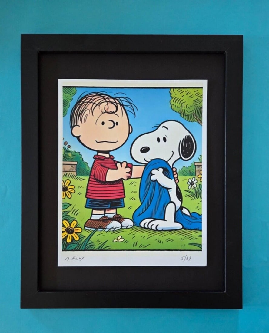 AIDAN FLUX Hand Signed Authentic Print 14x11in. Framed Snoopy with Linus | COA: This is a one-of-a-kind Hand Signed Authentic Giclee by AIDAN FLUX. From his Series "American Icons" The artist has created a stunning piece of art that features a powerful message about women's empow