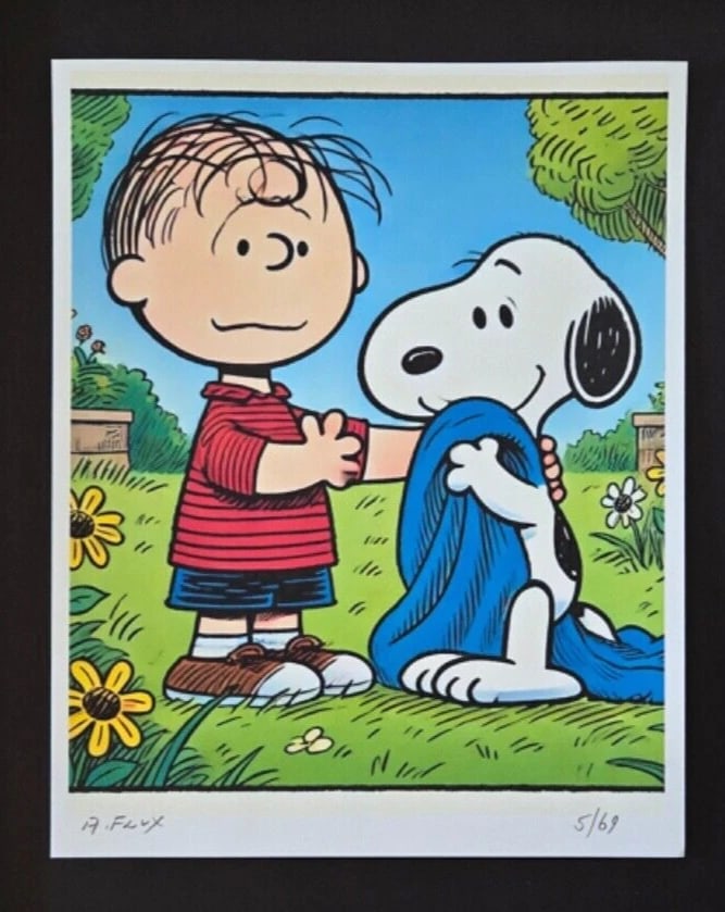 AIDAN FLUX Hand Signed Authentic Print 14x11in. Framed Snoopy with Linus | COA - 3