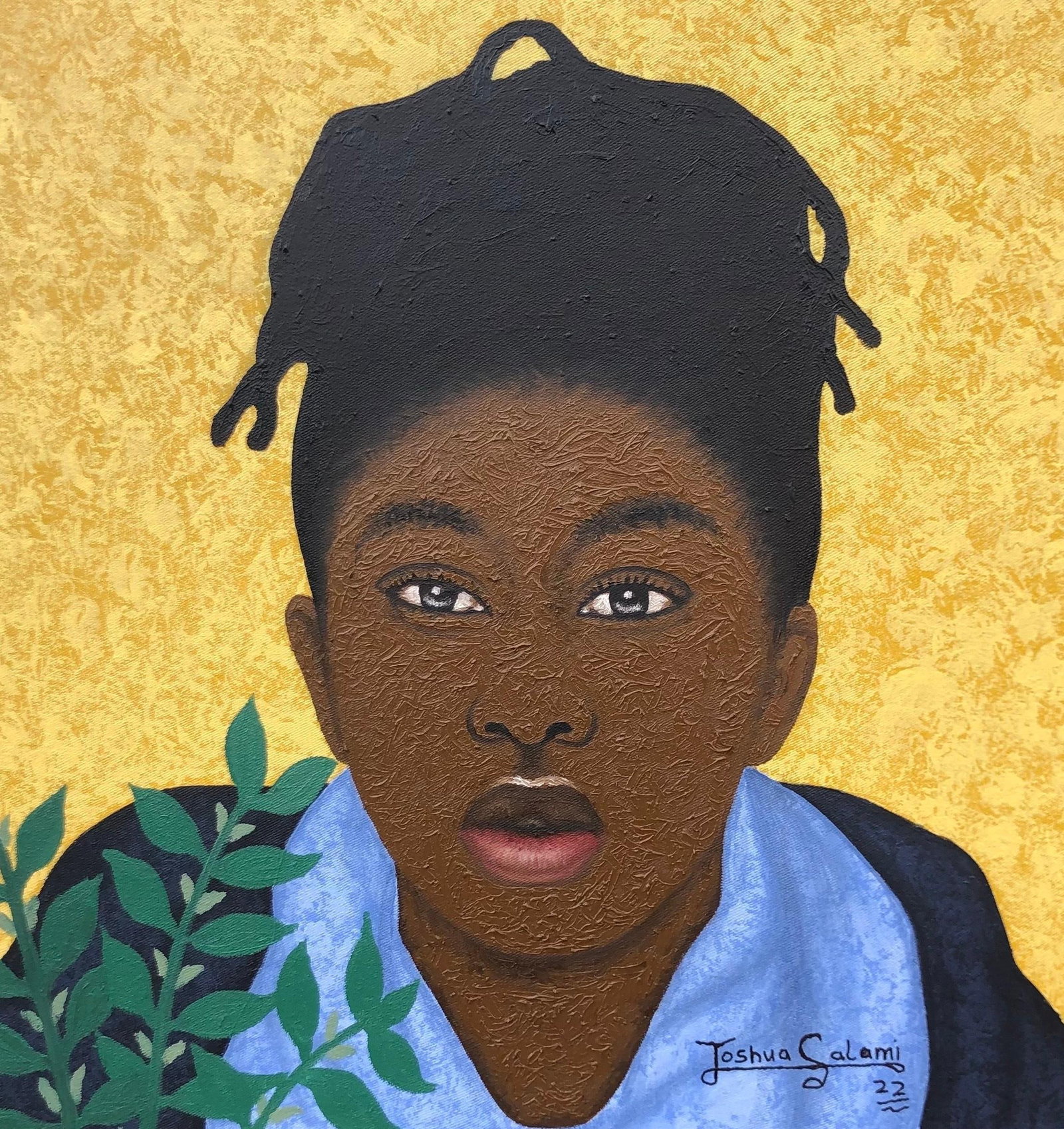 Joshua Salami, My Hair and I, 2022: Creator: Joshua Salami (1995, Nigerian) Creation Year: 2022 Dimensions: Height: 24 in (60.96 cm)Width: 24 in (60.96 cm)Depth: 1 in (2.54 cm) Medium: Oil,Acrylic,Canvas Movement & Style: Expressionist 