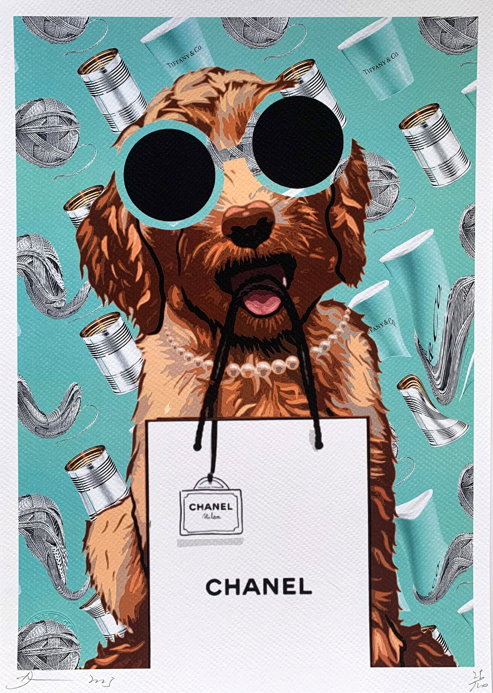 Death NYC Tiffany Chanel Puppy: Title:Death NYC Tiffany Chanel Puppy Date/Period:21st Century Materials:Giclee on Fine art 300 gsm paper Size:17 3/4 x 12 1/2 inches Description:Artist: Death NYC, limited edition giclee on paper, out