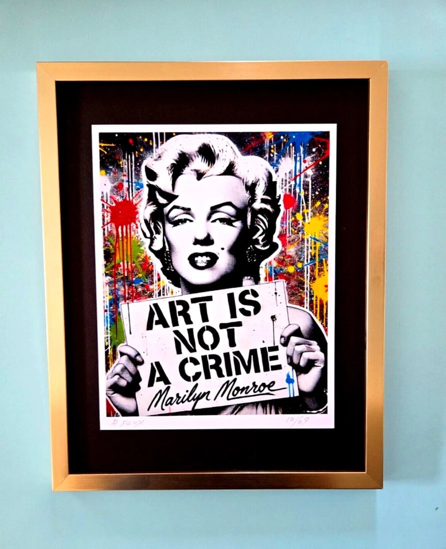 AIDAN FLUX Hand Signed Original Print 14x11in. Framed Marilyn Monroe Art | COA: This is a one-of-a-kind Hand Signed Authentic Giclee by AIDAN FLUX. From his Series "American Icons" The artist has created a stunning piece of art that features a powerful message about women's