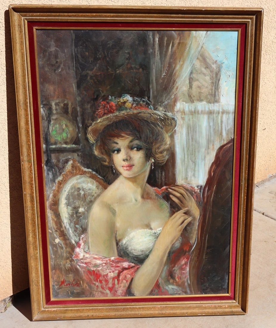 AMERICO MAKK Original oil painting Seated Beautiful Woman in Interior with Hat - 3