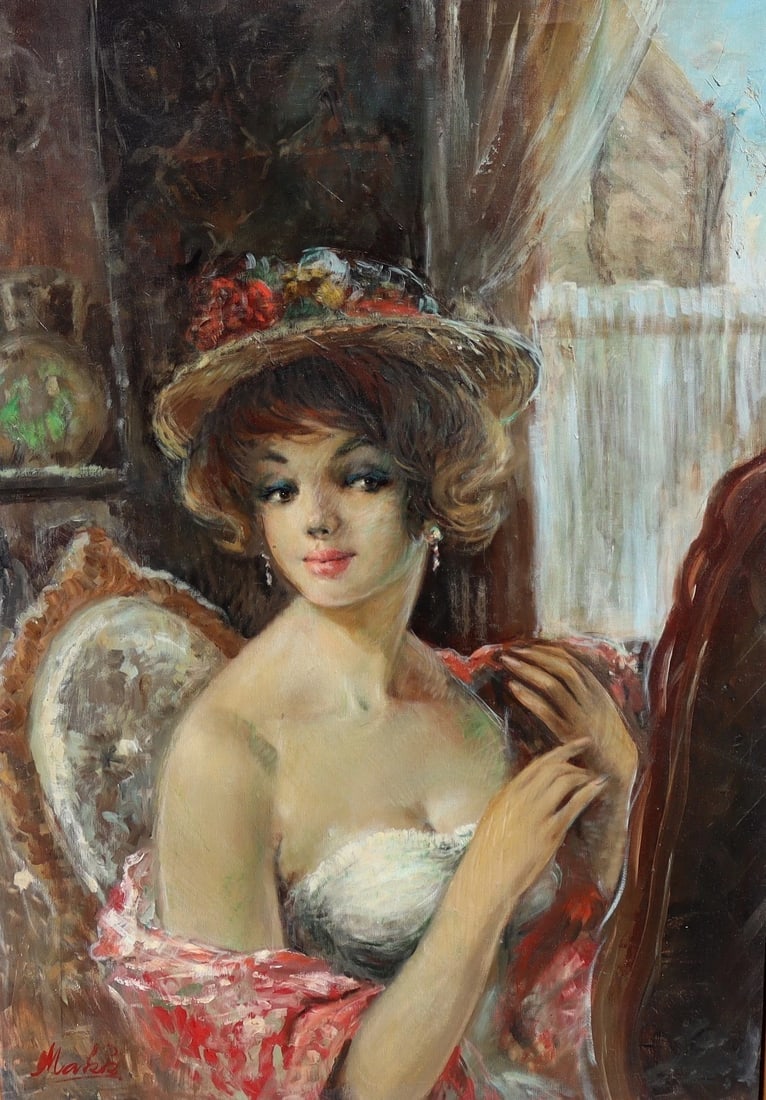 AMERICO MAKK Original oil painting Seated Beautiful Woman in Interior with Hat - 4