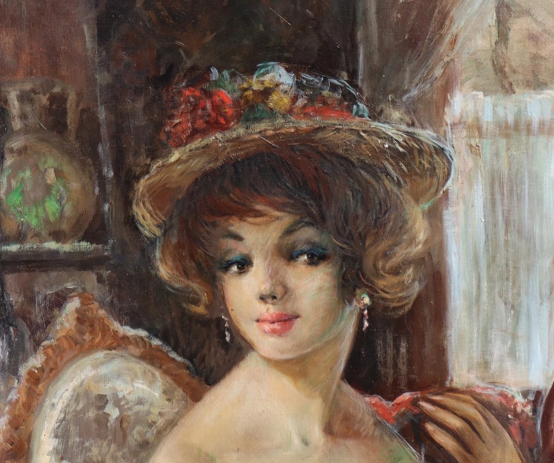 AMERICO MAKK Original oil painting Seated Beautiful Woman in Interior with Hat - 5