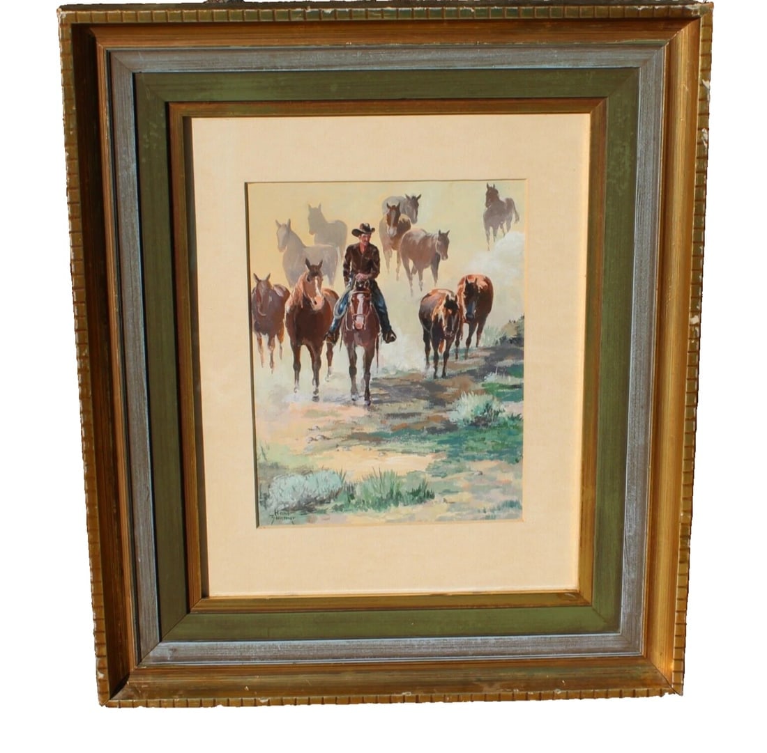 HANS JOSEF ZIMMER Rare Tempera painting Cowboy Riding with Wild Horses Exhibited - 2