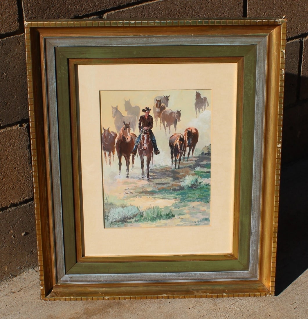 HANS JOSEF ZIMMER Rare Tempera painting Cowboy Riding with Wild Horses Exhibited - 3