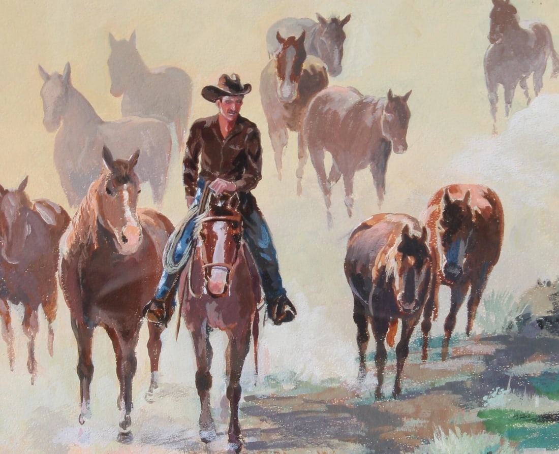 HANS JOSEF ZIMMER Rare Tempera painting Cowboy Riding with Wild Horses Exhibited - 5