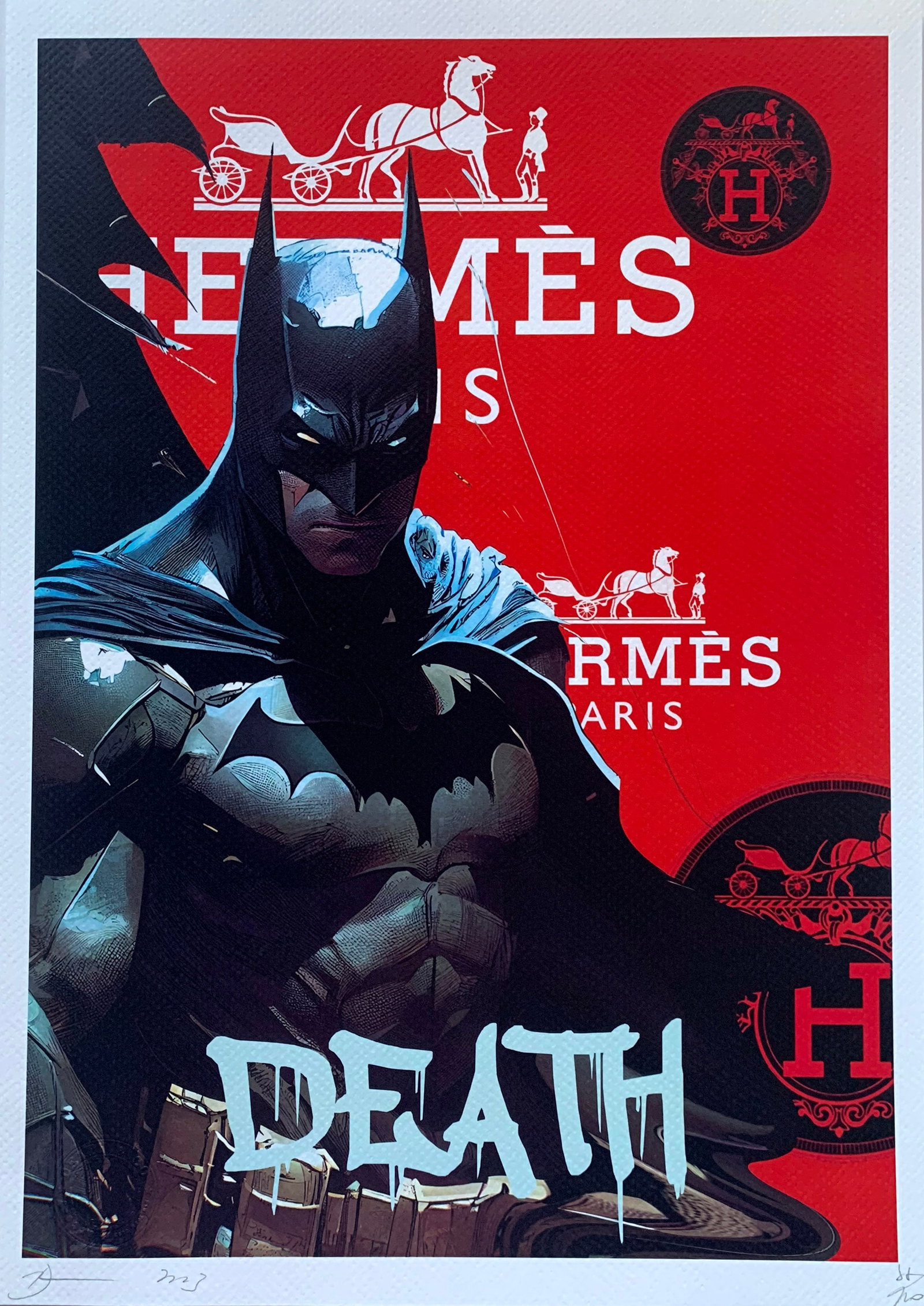 Death NYC Hermes Batman: Title: Death NYC Hermes Batman Date/Period: 21st Century Materials:Giclee on Fine art 300 gsm paper Size:17 3/4 x 12 1/2 inches Description:Artist: Death NYC, limited edition giclee on paper, out of e