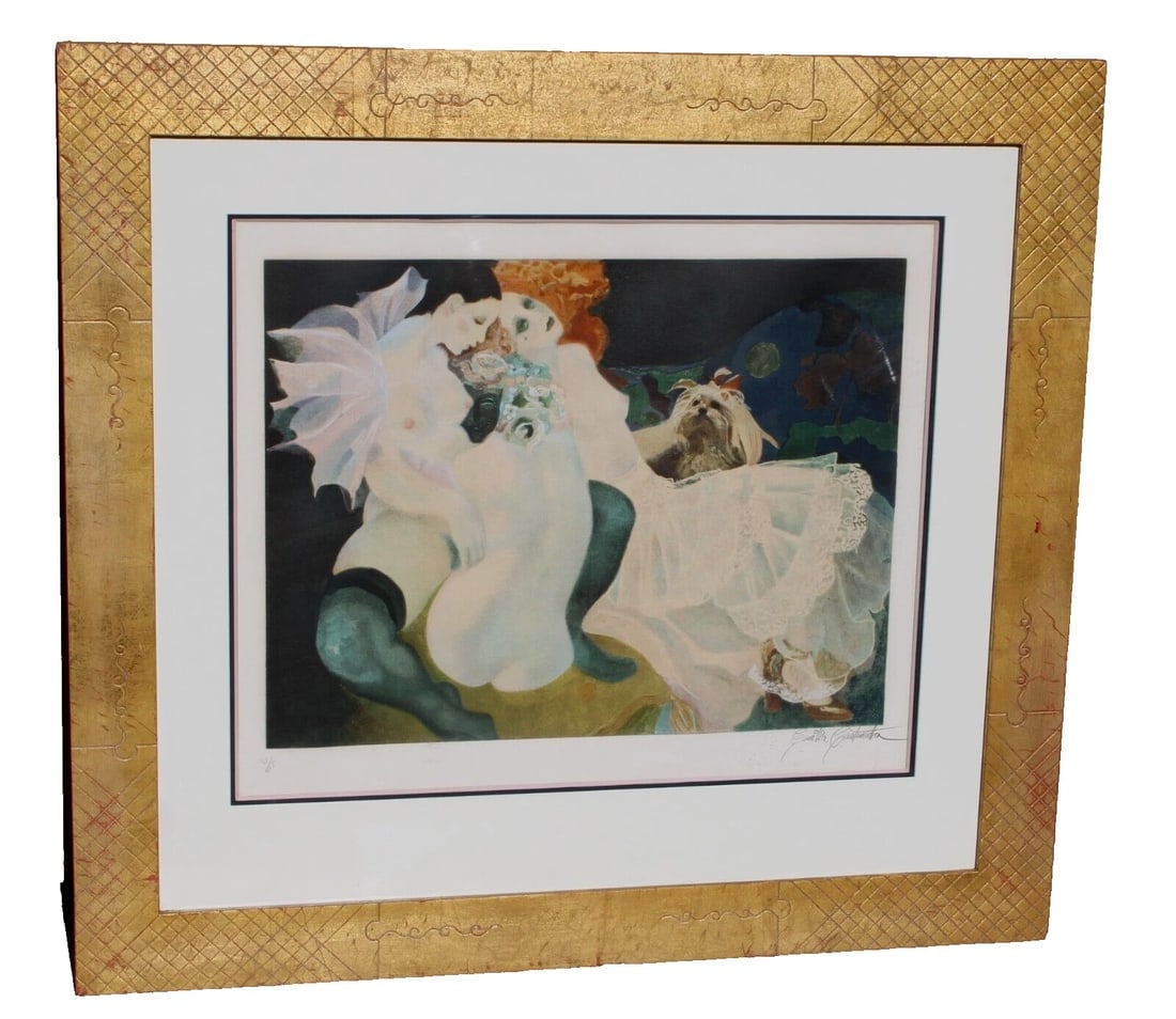 EMILIA CASTANEDA Camouflaged Erotica S/N Lithograph 81/225 Three Women & a Dog: Title:EMILIA CASTANEDA Camouflaged Erotica S/N Lithograph 81/225 Three Women & a Dog Description:EMILIA CASTANEDA MARTINEZ (Spanish born November 7, 1943). Modernist Erotic Symbolism. A Provocative ca