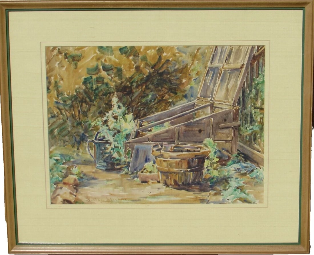 Barbara Woodward Circa 1940's Landscape w/foliage & vessels by a basement bunker - 2