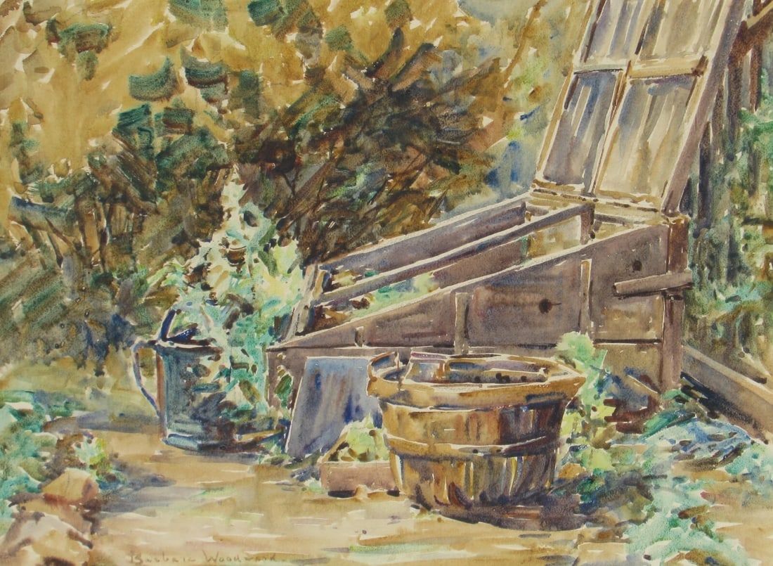Barbara Woodward Circa 1940's Landscape w/foliage & vessels by a basement bunker - 3