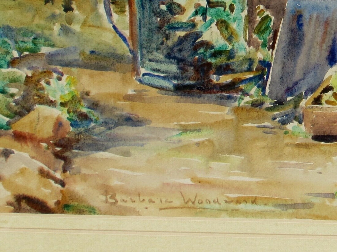Barbara Woodward Circa 1940's Landscape w/foliage & vessels by a basement bunker - 4