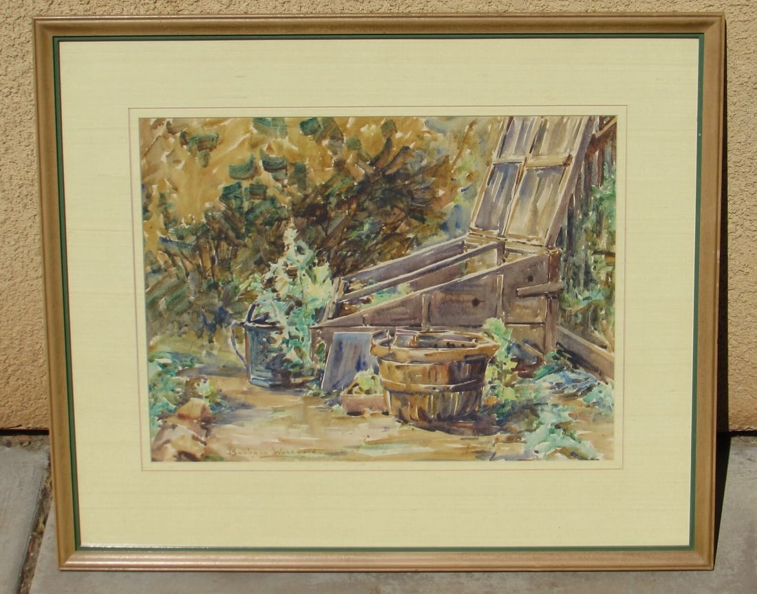 Barbara Woodward Circa 1940's Landscape w/foliage & vessels by a basement bunker - 6