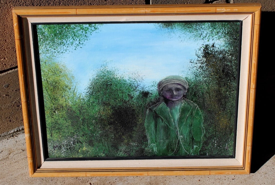 Figure Standing in Front of a Forest signed Metzger '90 oil painting - 3