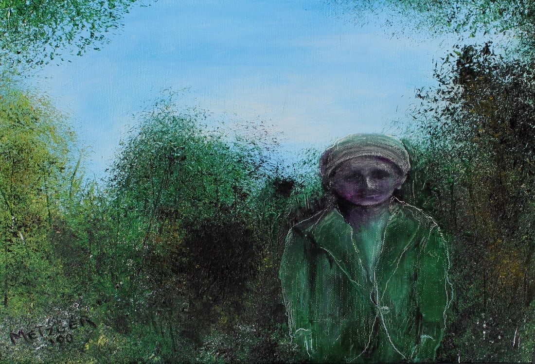 Figure Standing in Front of a Forest signed Metzger '90 oil painting - 4