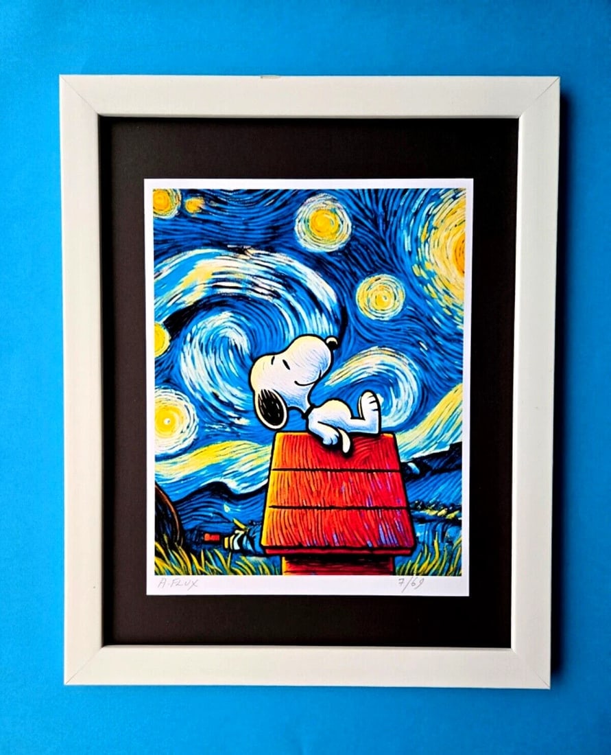 AIDAN FLUX | Hand Signed Collectable Print X/69 SNOOPY AT STARRY NIGHT COA: This is a one-of-a-kind Hand Signed Authentic Giclee by AIDAN FLUX. From his Series " Where is Snoopy " Aidan Flux has become one of the most important Snoopy cartoonists of the 21st century. The prin