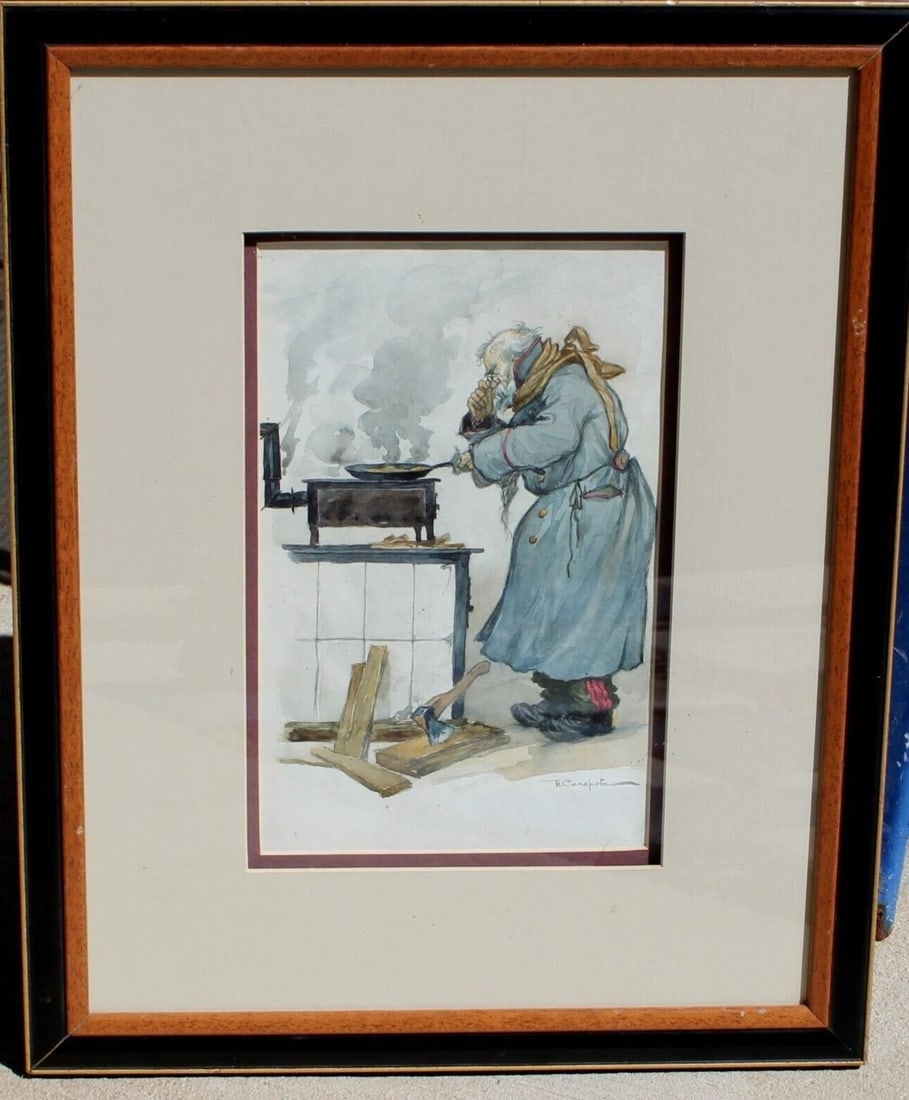 IVAN V. SIMAKOV Russian Man Cooking at a Wood Stove Watercolor - 2