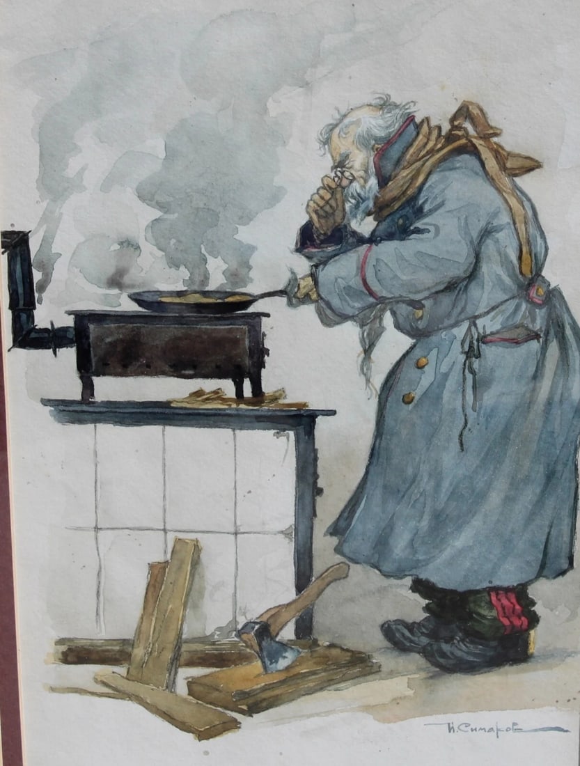 IVAN V. SIMAKOV Russian Man Cooking at a Wood Stove Watercolor - 3