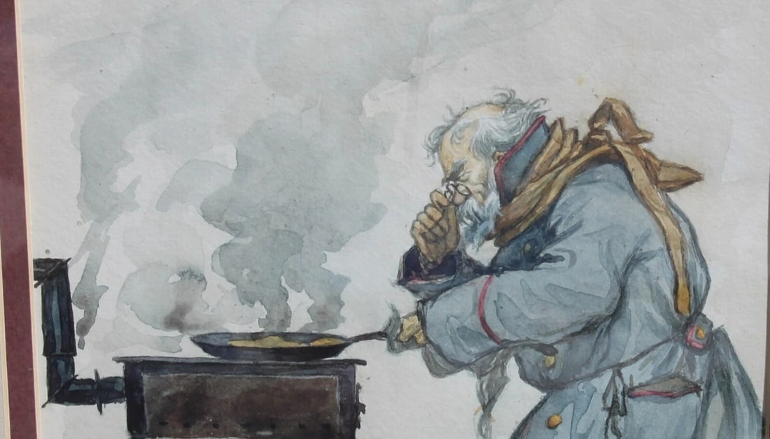 IVAN V. SIMAKOV Russian Man Cooking at a Wood Stove Watercolor - 4