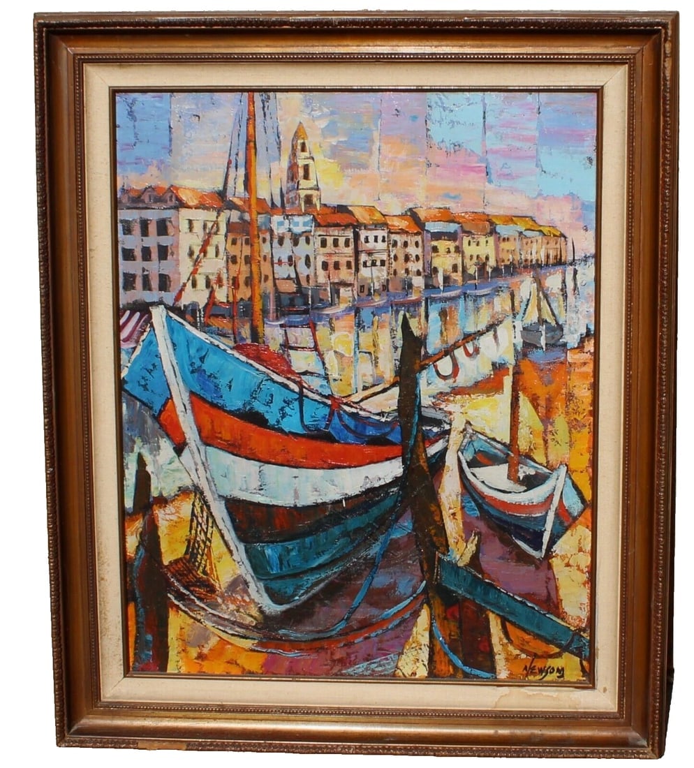 BILL NEWSOM Boat Scene and Harbor by a Row of Buildings oil painting - 2