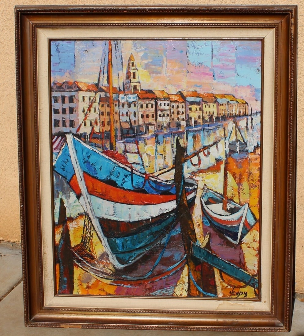 BILL NEWSOM Boat Scene and Harbor by a Row of Buildings oil painting - 3