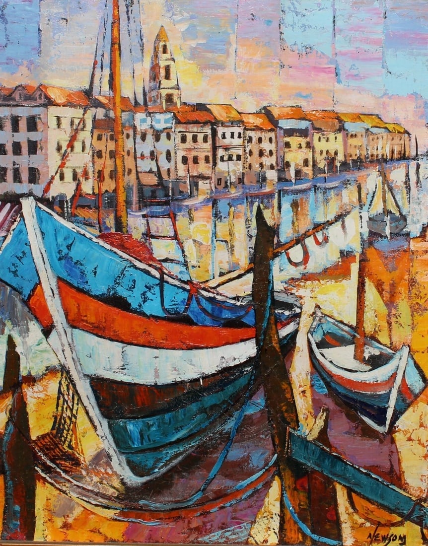 BILL NEWSOM Boat Scene and Harbor by a Row of Buildings oil painting - 4