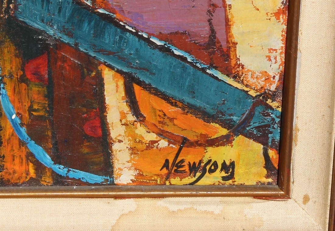BILL NEWSOM Boat Scene and Harbor by a Row of Buildings oil painting - 5