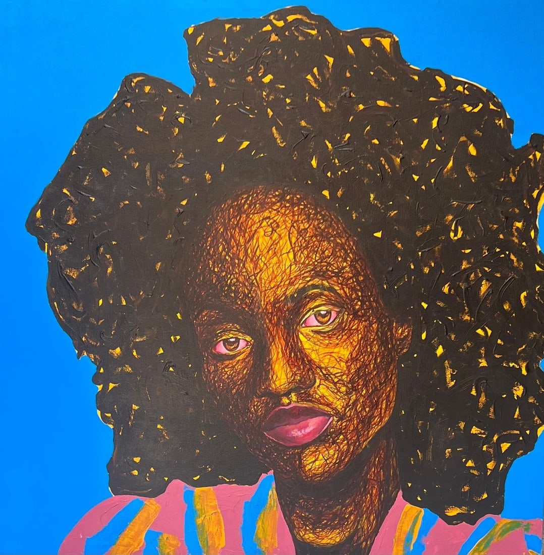 Daniel Owoeye, Fearless, 2024: Creator: Daniel Owoeye (1988, Nigerian) Creation Year: 2024 Dimensions: Height: 36 in (91.44 cm)Width: 36 in (91.44 cm)Depth: 1 in (2.54 cm) Medium: Acrylic,Canvas Movement & Style: Contemporary Perio