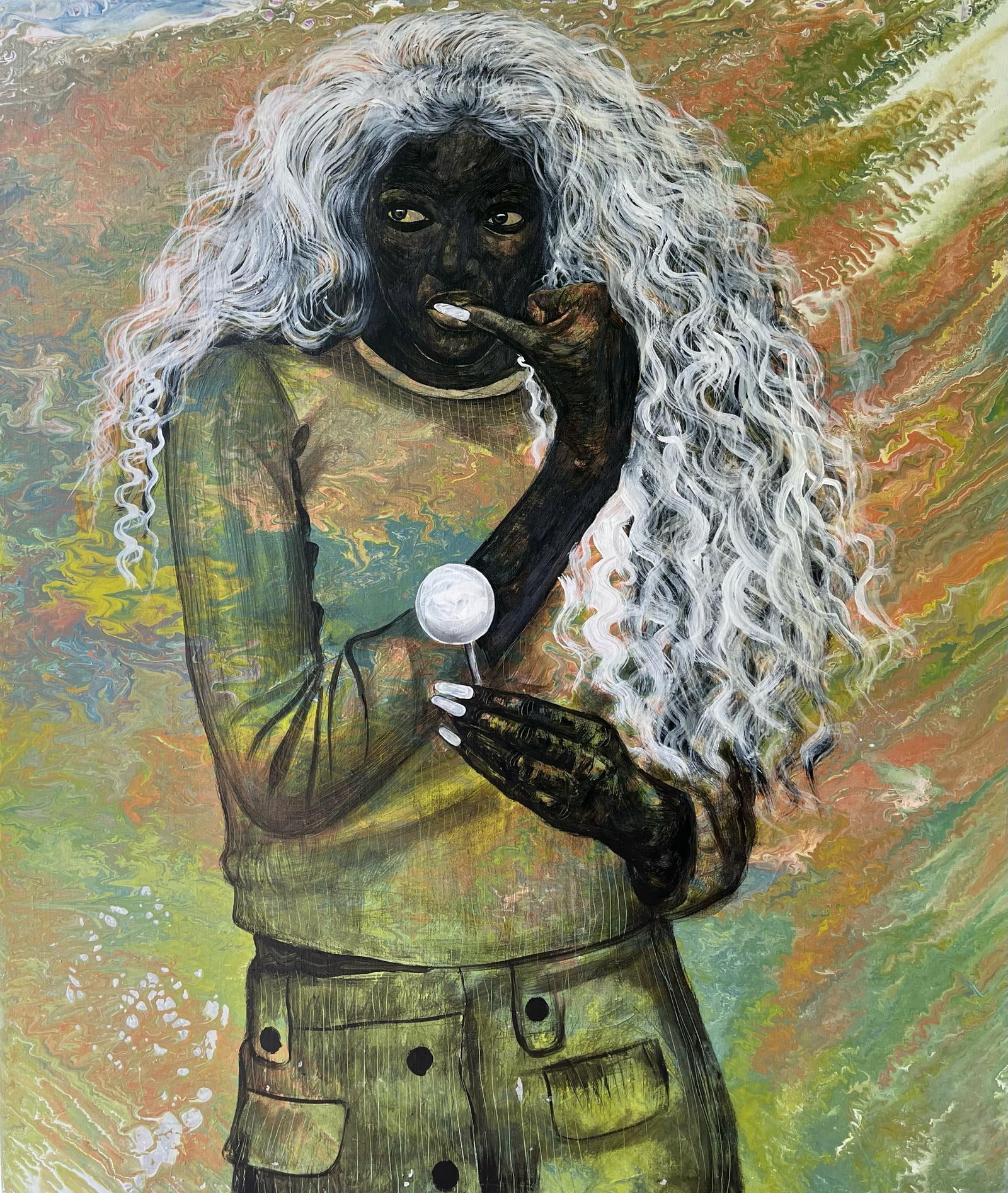 Maria Tendo, White Lollipop, 2022: Creator: Maria Tendo (1996, Ugandan) Creation Year: 2022 Dimensions: Height: 51.2 in (130.05 cm)Width: 43.3 in (109.99 cm)Depth: 1 in (2.54 cm) Medium: Canvas,Acrylic Movement & Style: Conceptual Peri