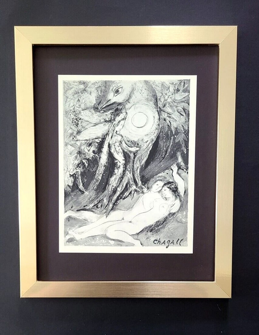 MARC CHAGALL + 1957 AWESOME SIGNED PRINT MOUNTED IN NEW FRAME READY TO HANG: This is a Beautiful and Scarce 1957 Print after MARC CHAGALL FACSIMILE INK SIGNED From his Lithographs Collection Mounted in an acid free black board and Framed Covering an area of 15x12in. Printed