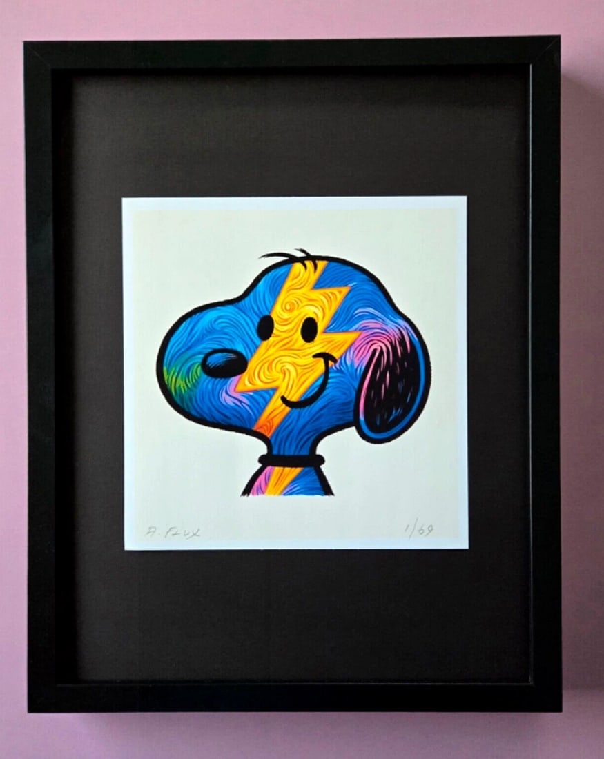AIDAN FLUX | Hand Signed Authentic Print Framed Snoopy as David Bowie COA: This is a one-of-a-kind Hand Signed Authentic Giclee by AIDAN FLUX. From his Series "American Icons" The artist has created a stunning piece of art that features a powerful message about women's empow