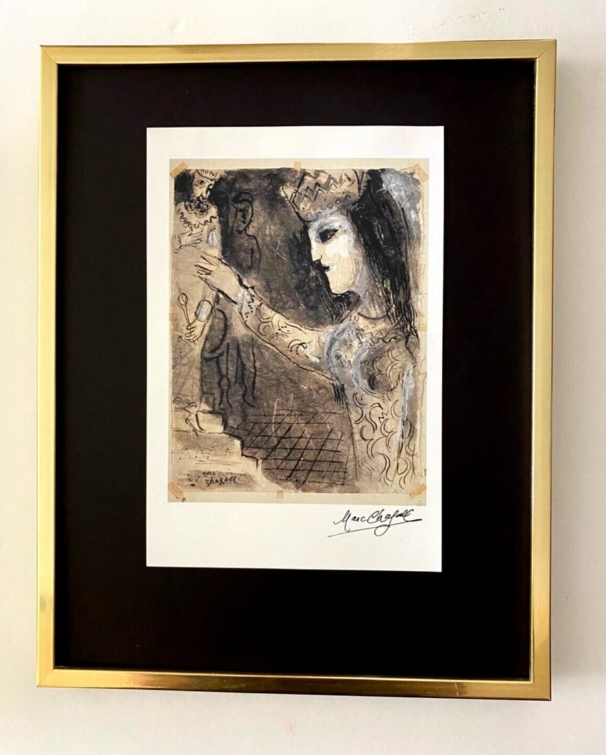 MARC CHAGALL | VINTAGE 1985 | SIGNED PRINT OF THE BIBLE | MOUNTED AND FRAMED: Beautiful and Scarce Vintage 1985 Print After Marc Chagall " Drawing for the Bible " Facsimile Signature in Ink Art Print is about 8 X 6 in. This piece is mounted on a 11 x 14 in. black acid free prem