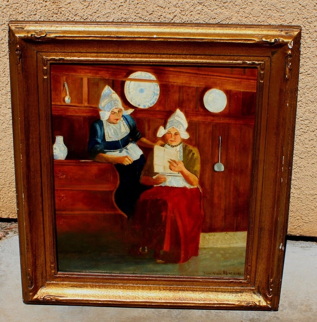 19th Century Dutch Interior Scene with Two Girls Reading oil painting - 2