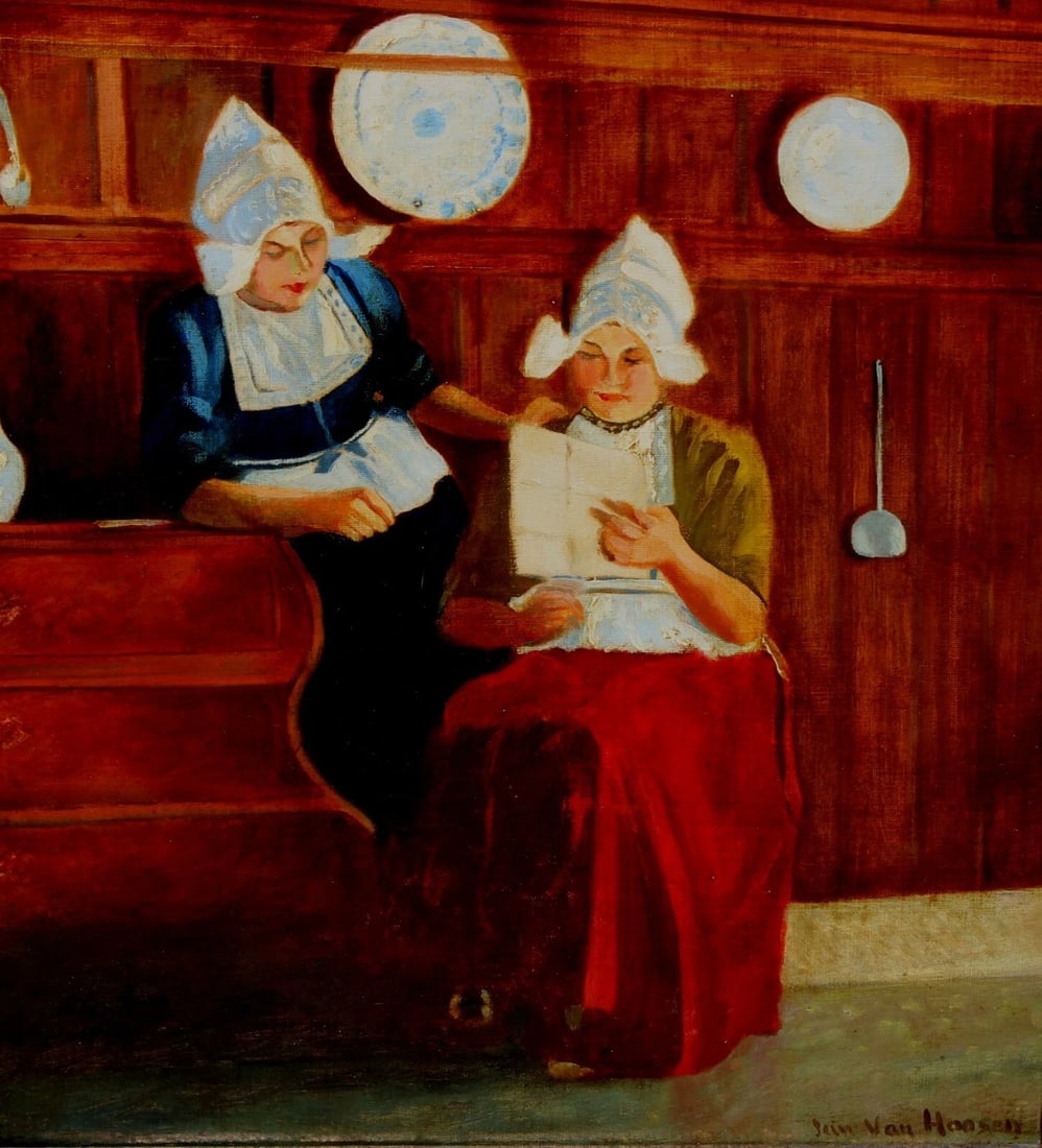 19th Century Dutch Interior Scene with Two Girls Reading oil painting - 3