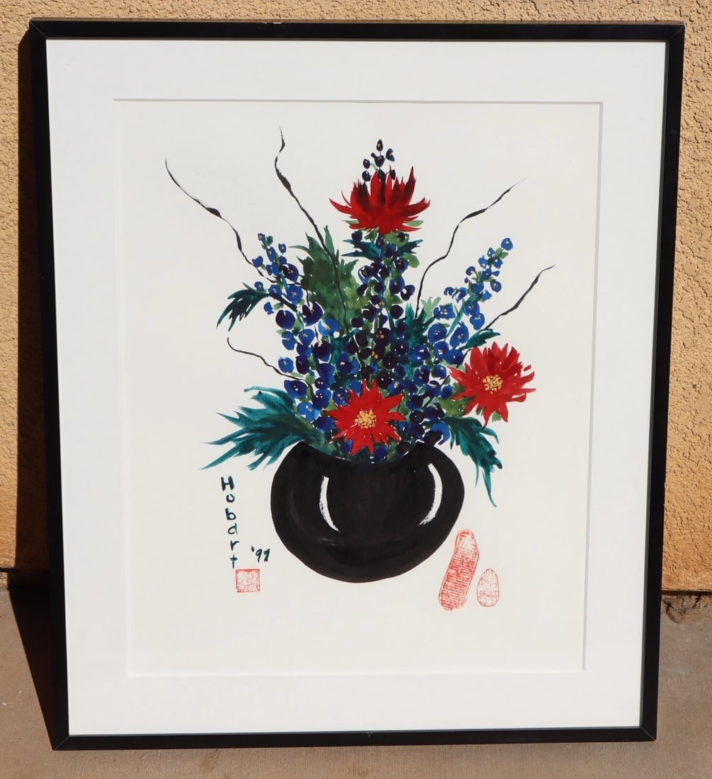 Asian Pot of Flowers watercolor signed Hobart '97 with asian stamps - 2