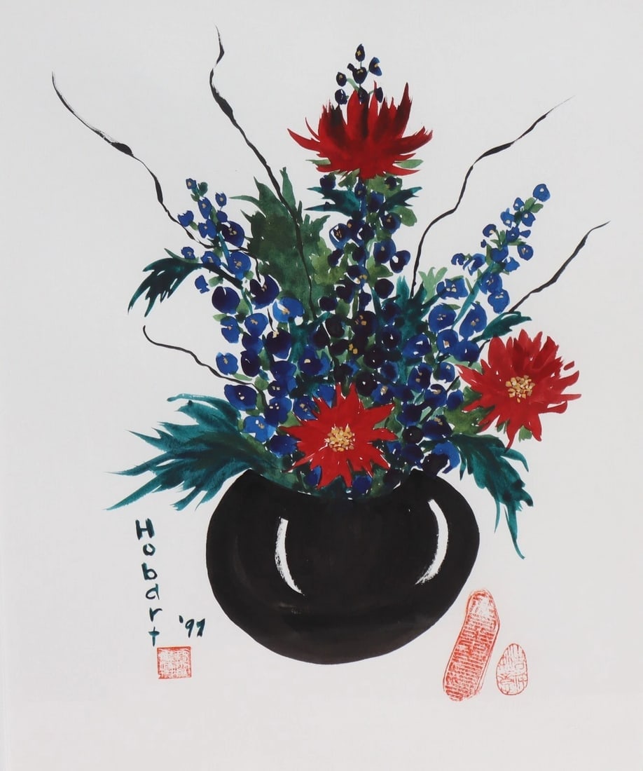Asian Pot of Flowers watercolor signed Hobart '97 with asian stamps - 3